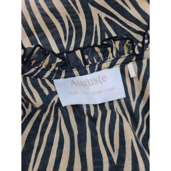 Auguste Cotton Zebra Stripe Dress Womens 4 Slits Ruffles Short Sleeve V Neck - Picture 5 of 6